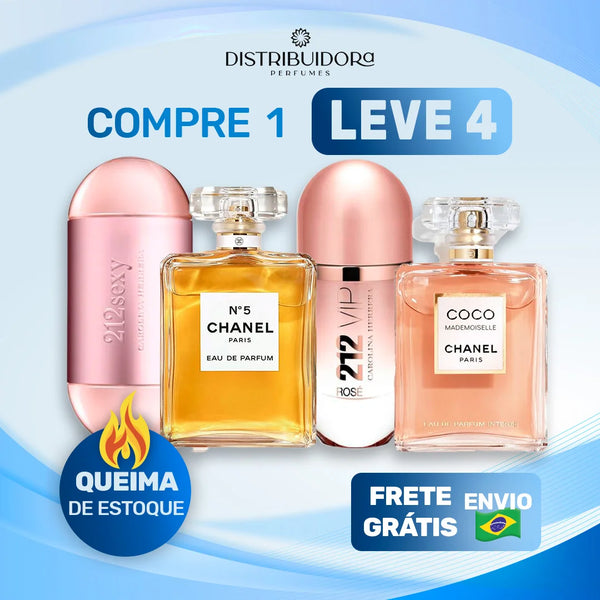 4 Perfumes Femininos (100ml) - Mademoiselle | 212 VIP Rose | CHANEL N5 | 212 VIP Sexy (7 Anos Distribuidora)