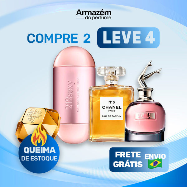 4 Perfumes Femininos (100ml) - Chanel 5 | Scandal | 212 VIP Sexy | Lady Milion (7 Anos Distribuidora)
